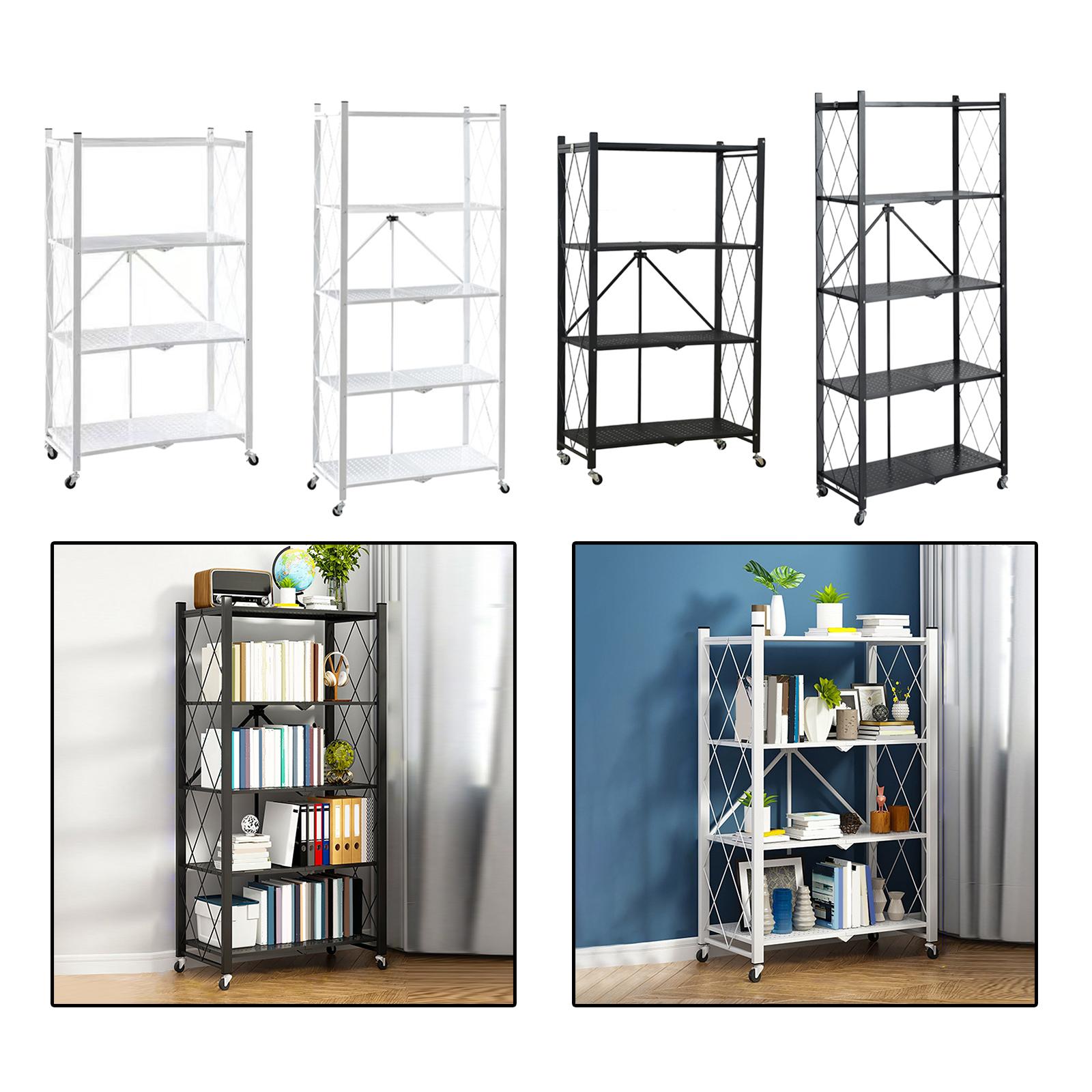 Bookshelf 5 Tier - Rolling Storage Shelf Cart Foldable Bookshelf
